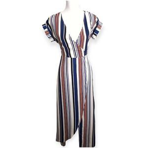 ZAFUL BLUE, WHITE, BLACK, & BROWN STRIPE FAUX WRAP DRESS SZ.S GUC